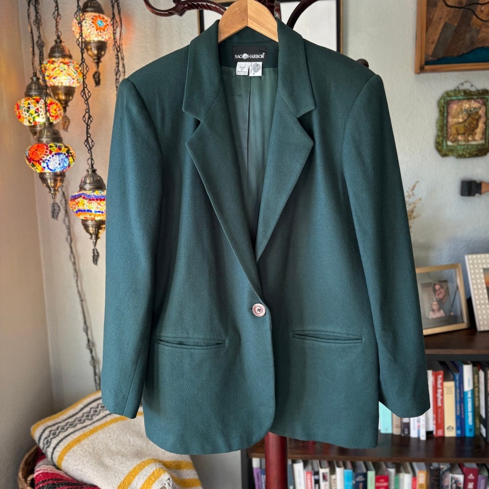 Y2K Dark Academia Forest Green Pure Wool Blazer Sag Harbor - 12